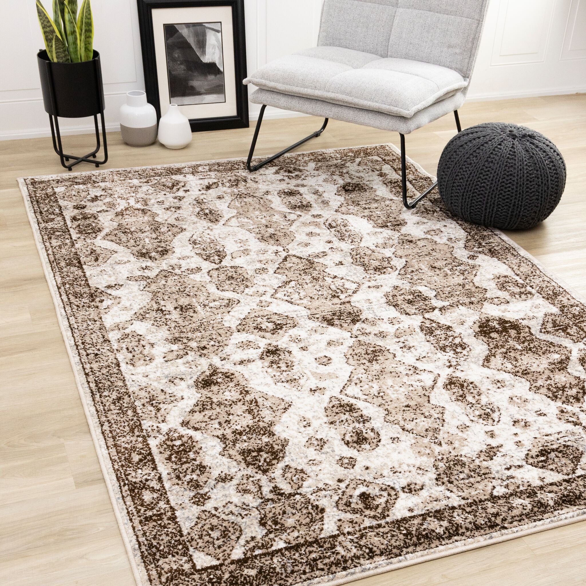 Antique Charm 6'7" x 9'6" Distressed Classic Area Rug - Brown, Grey, White - Image 2