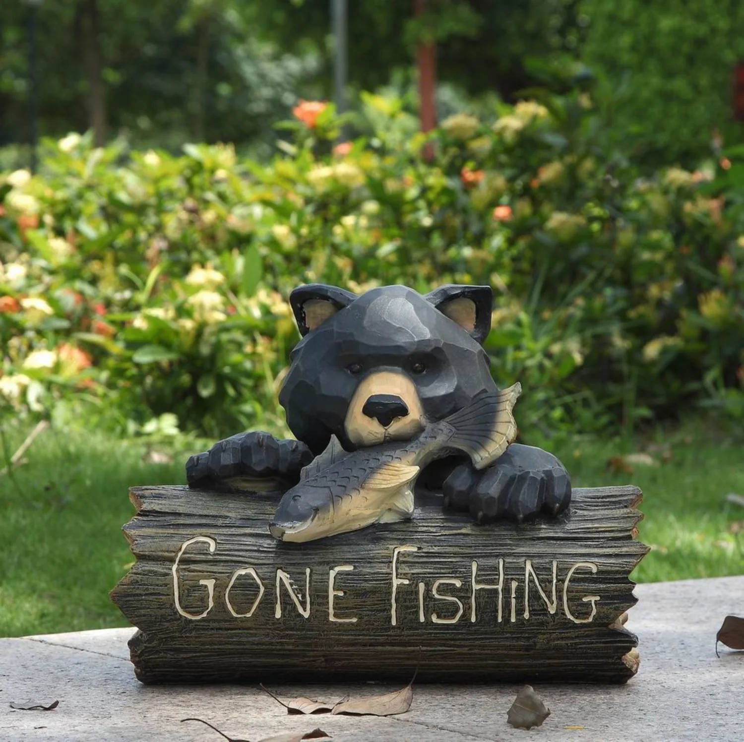 Bear Gone Fishing Statue - Black/ Brown - Image 2