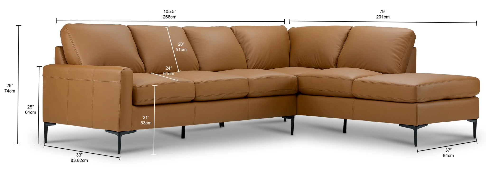 Chito Leather 2-Piece Sectional with Right Facing Chaise - Saddle - Image 3
