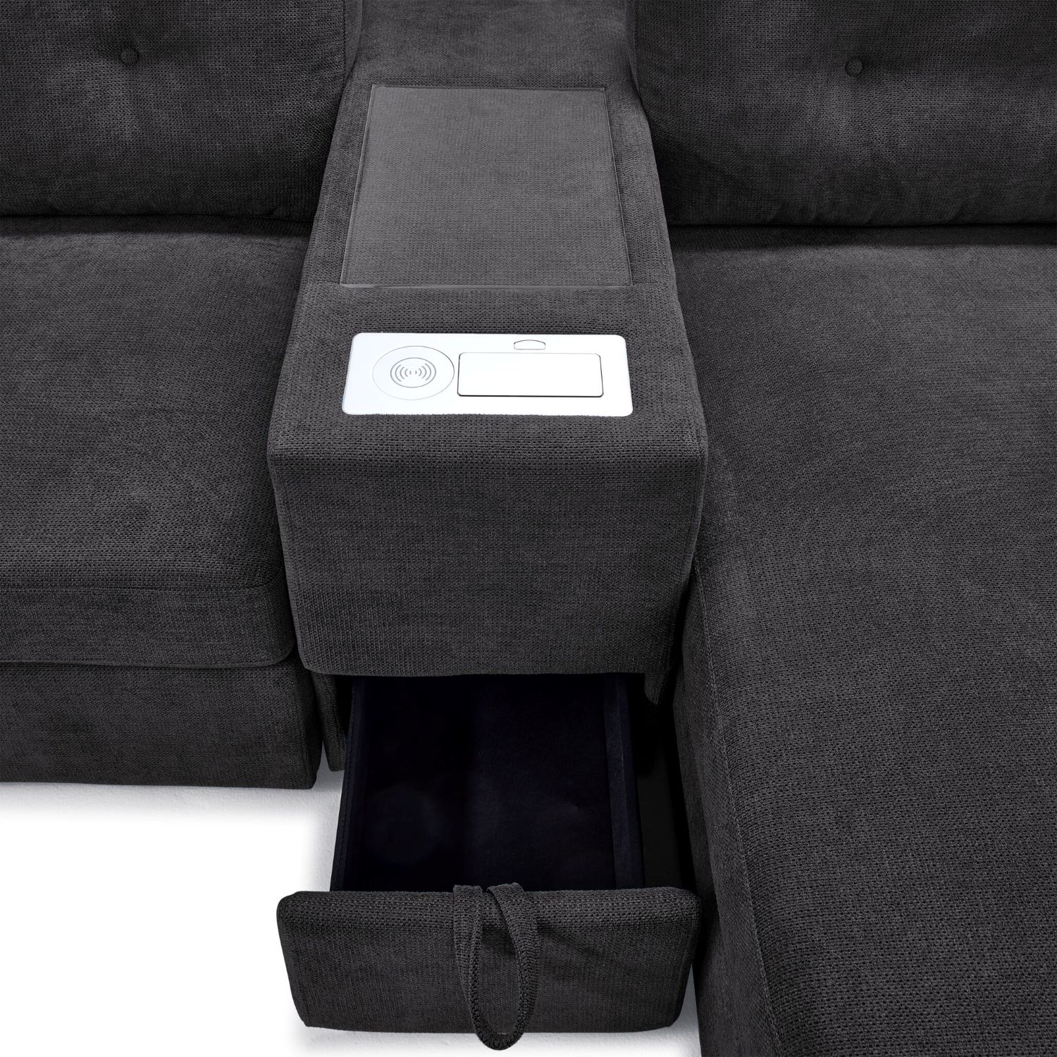Feeling Connected - Connex 3-Piece Modular Sectional with Chaise and Drawer Console - Dark Grey - Image 7