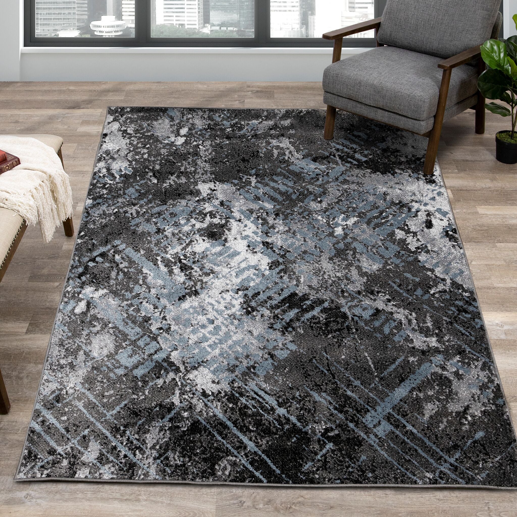 Dawn 5'3" x 7'7" Worn Crosshatch Area Rug - Grey, Blue - Image 3