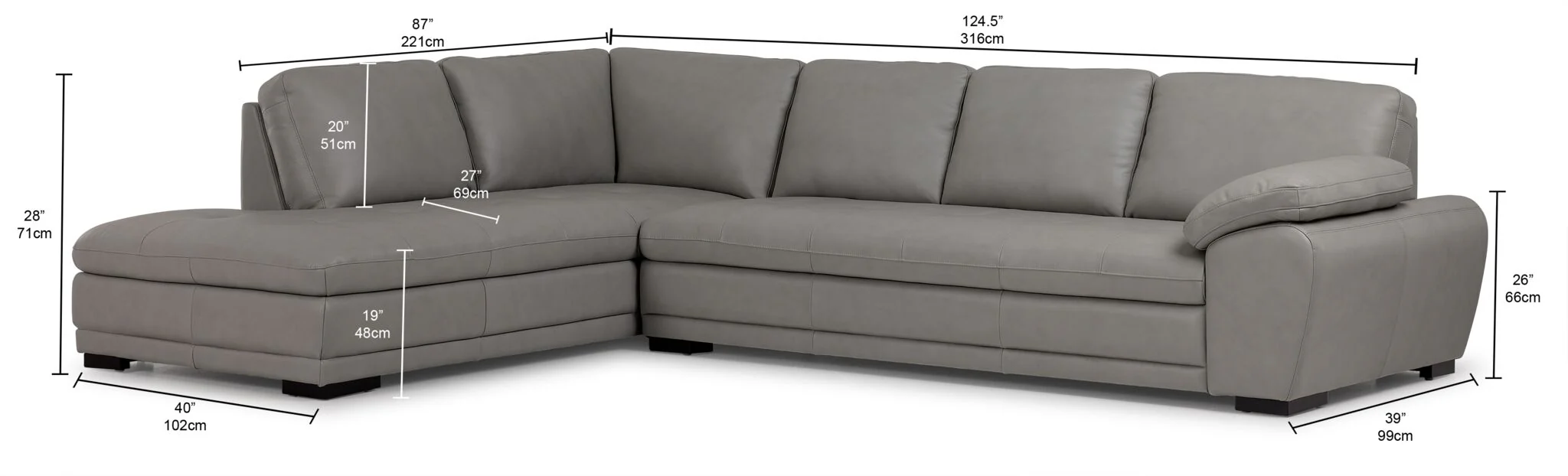 Daytona Leather 2-Piece Sectional with Left-Facing Chaise - Light Grey - Image 3