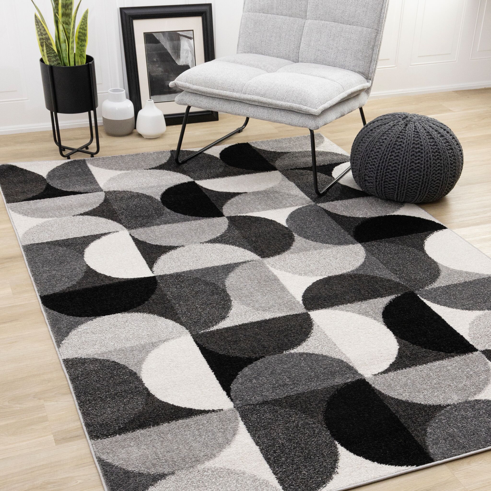 Eclipse 6'7" x 9'6" Mid-Century Modern Design Area Rug - Grey, Black, White - Image 2