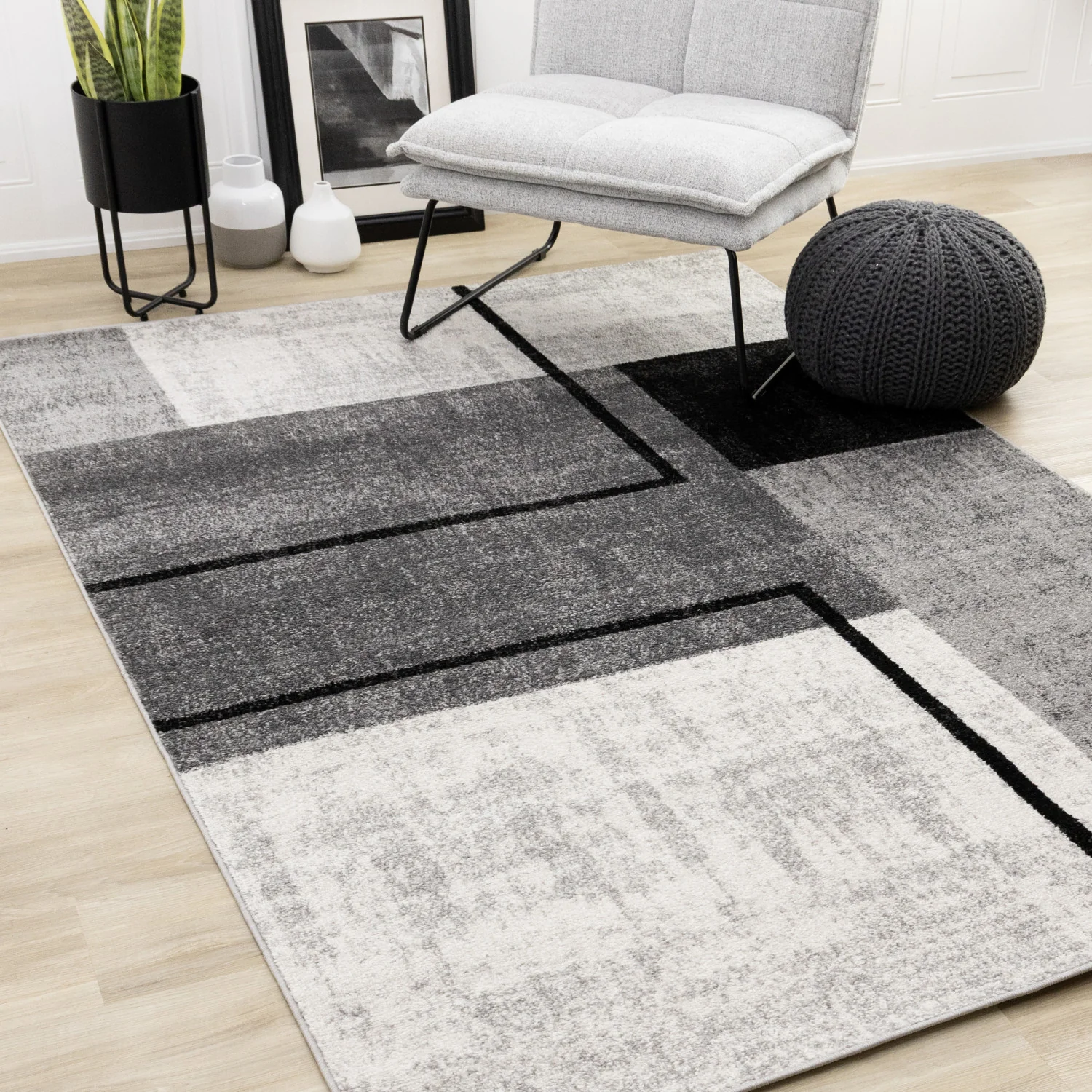 Elise Modern Geometric Area Rug - 8' X 11' - Grey/Black/White - Image 2
