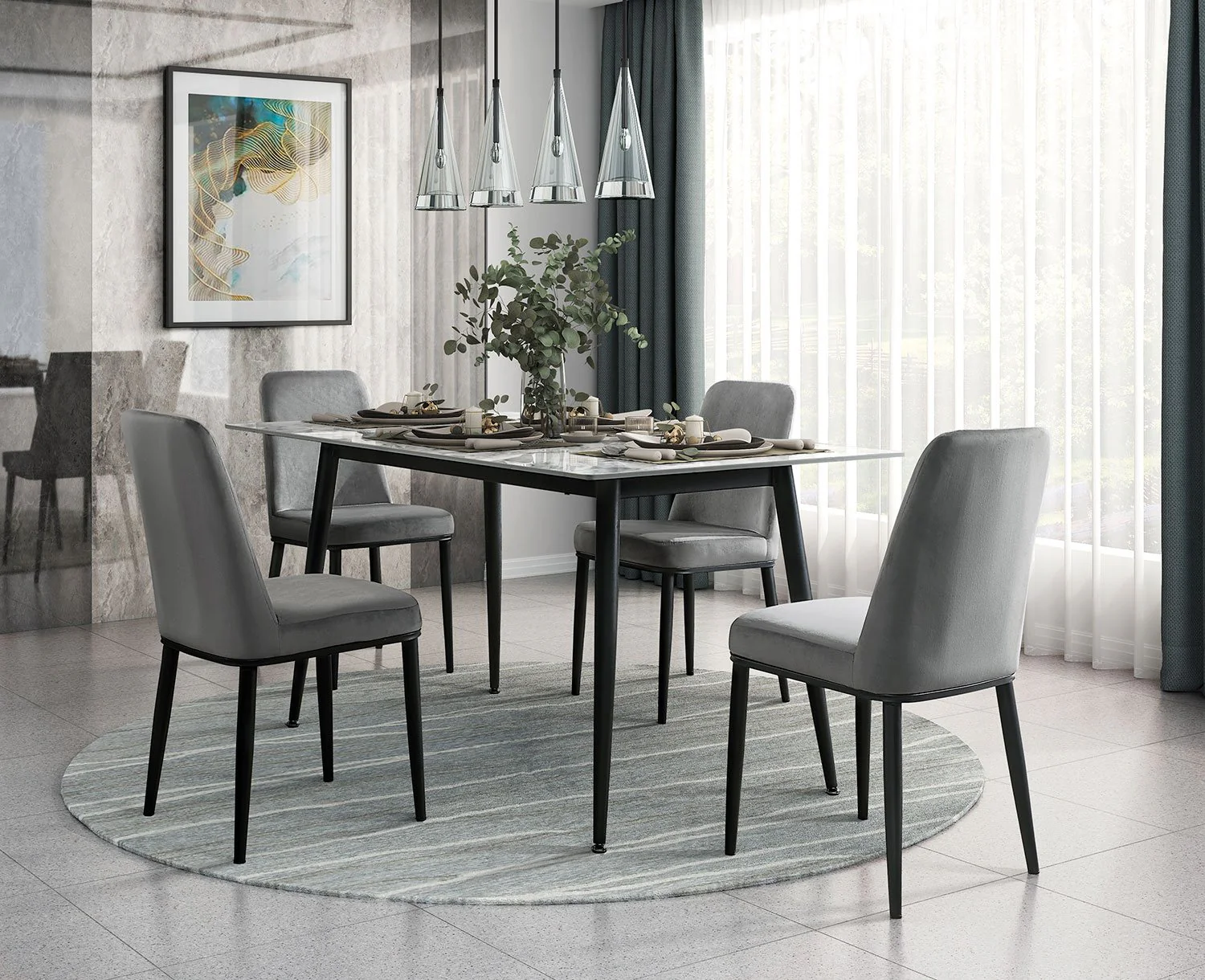 Emberly 5-Piece Sintered Stone Dining Set - Grey, Black - Image 2
