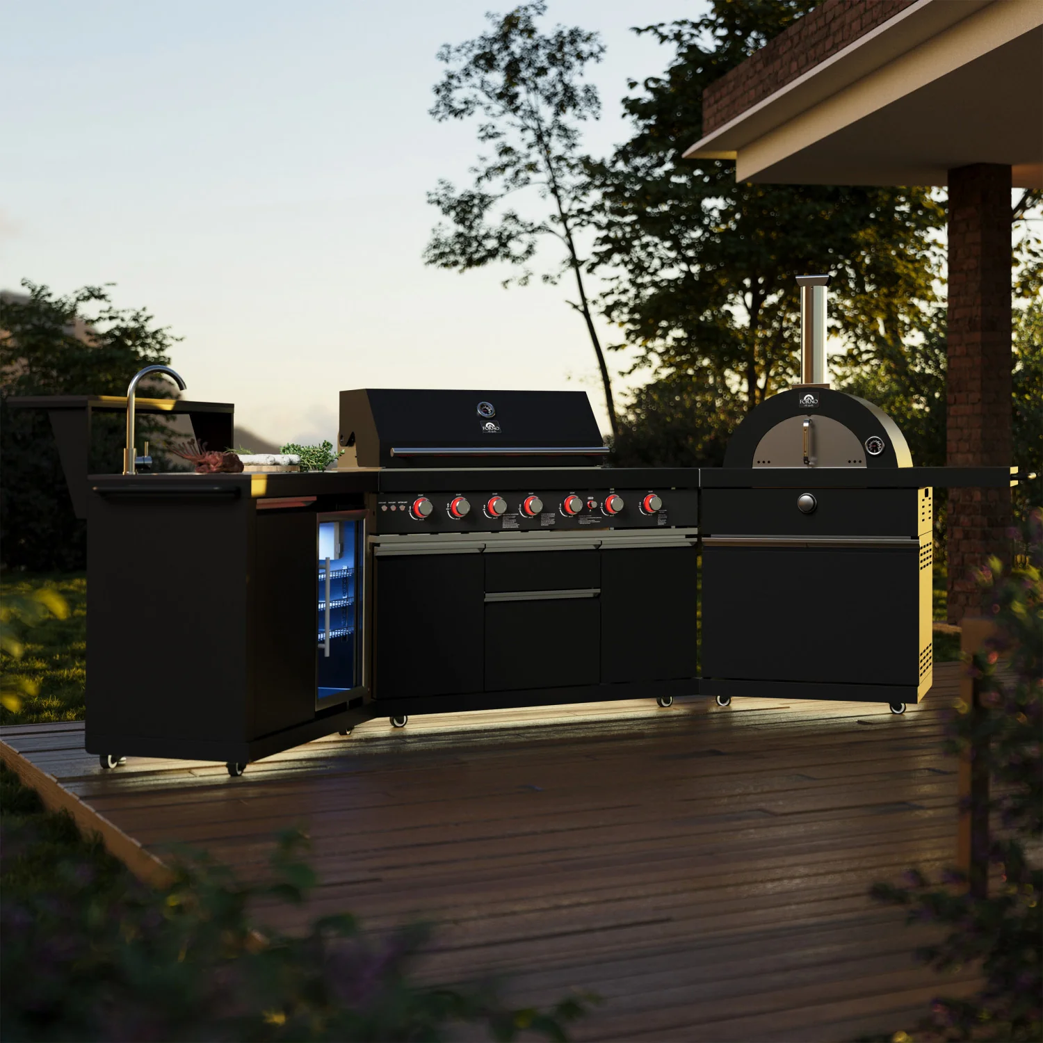 Forno All'Aperto Black Countertop Outdoor Kitchen with 74,600 BTU BBQ, Pizza Oven and Bar Module - FODKT2551BLK - Image 22