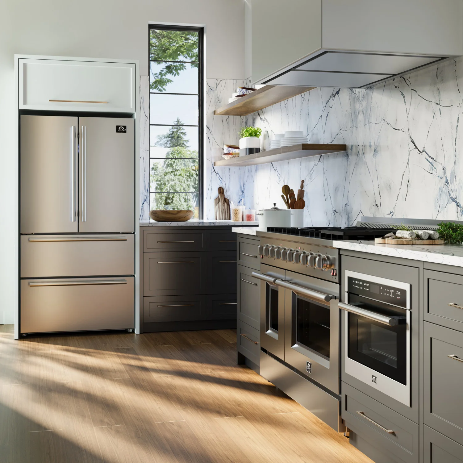 Forno Premium Stainless Steel Kitchen Package with 48" Gas Range, 2 28" Convertible Refrigerator/Freezer and 48" Range Hood - FBDL-018-04CAUS - Image 2