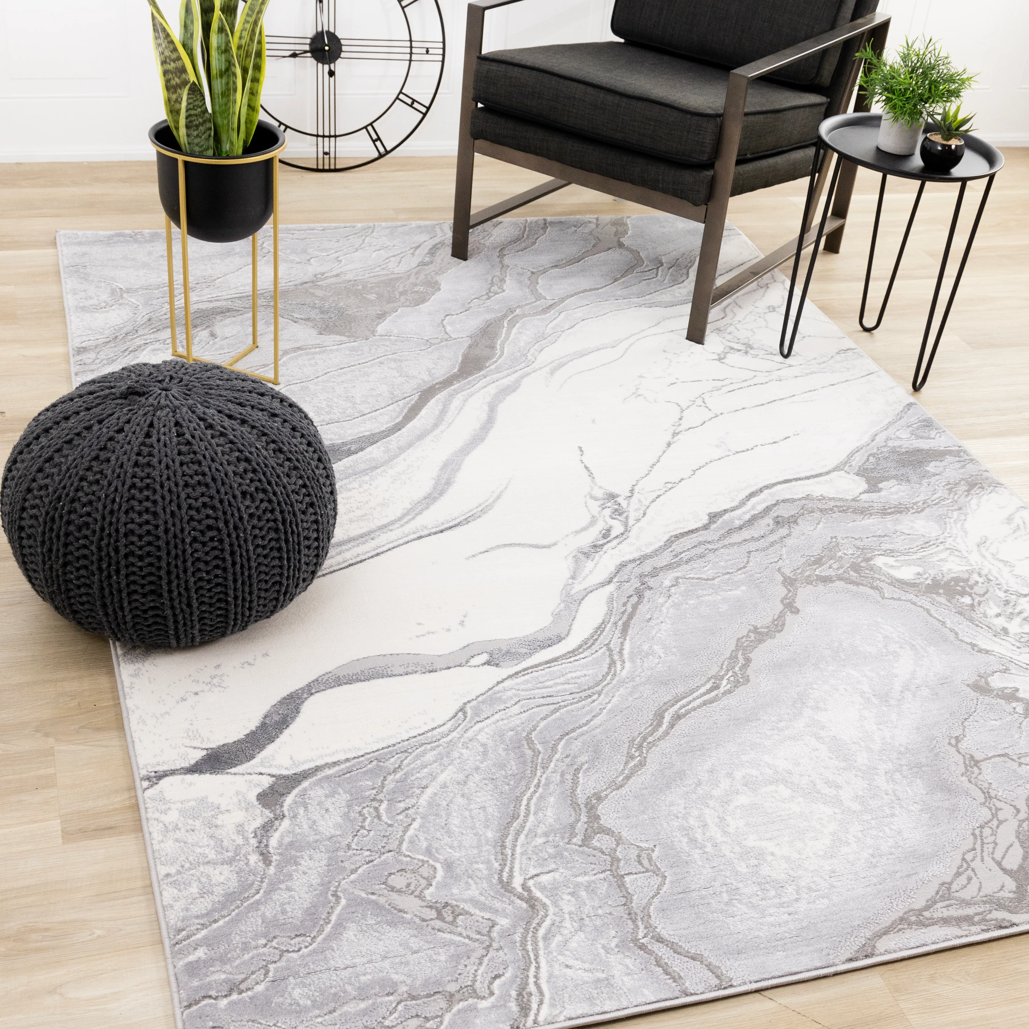 Frosted Cloud 6'7" x 9'6" Marble Design Area Rug - Grey, White - Image 2