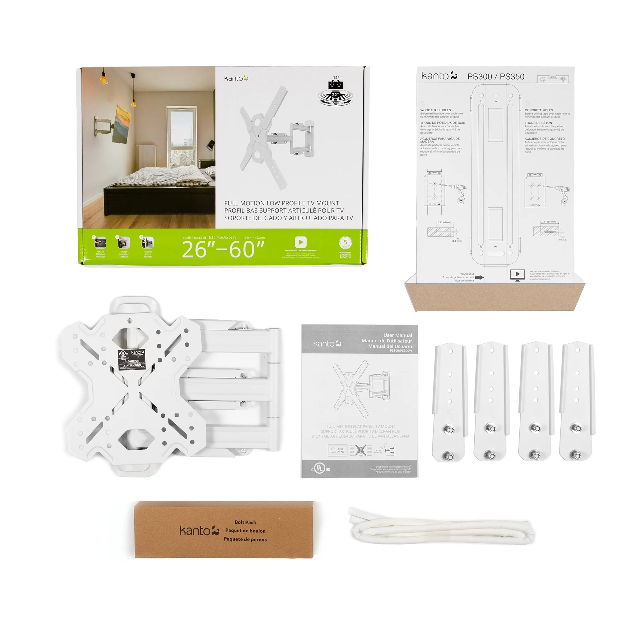 Full Motion Single Stud TV Wall Mount with 22" Extension for 26" to 60" TVs - PS300W - Image 6