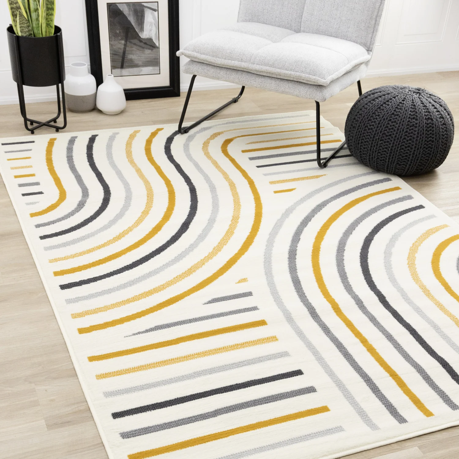 Functional Modern Curves Area Rug - 8' X 11' - Cream/Yellow - Image 2