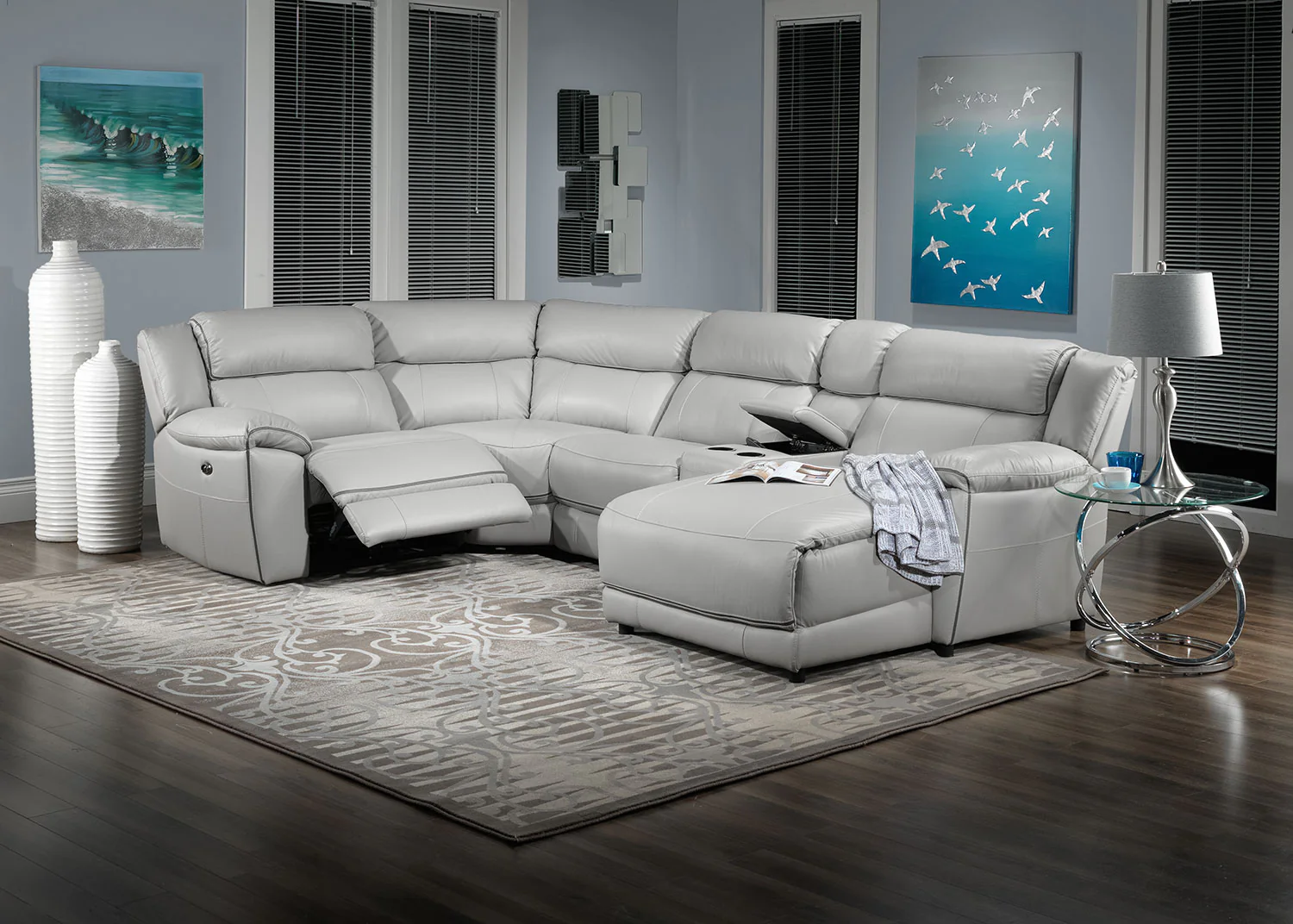 Holton Leather 5-Piece Sectional with Right-Facing Chaise - Grey - Image 10
