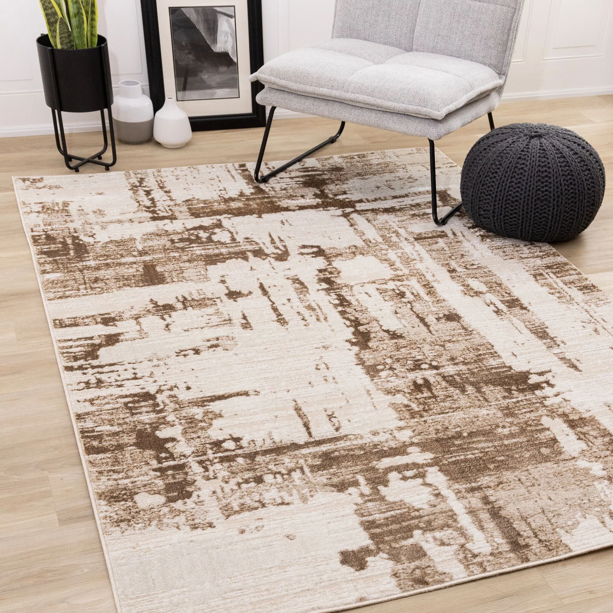 In Hamony 6'7" x 9'6" Organic Distressed Design Area Rug - Cream, Brown - Image 2