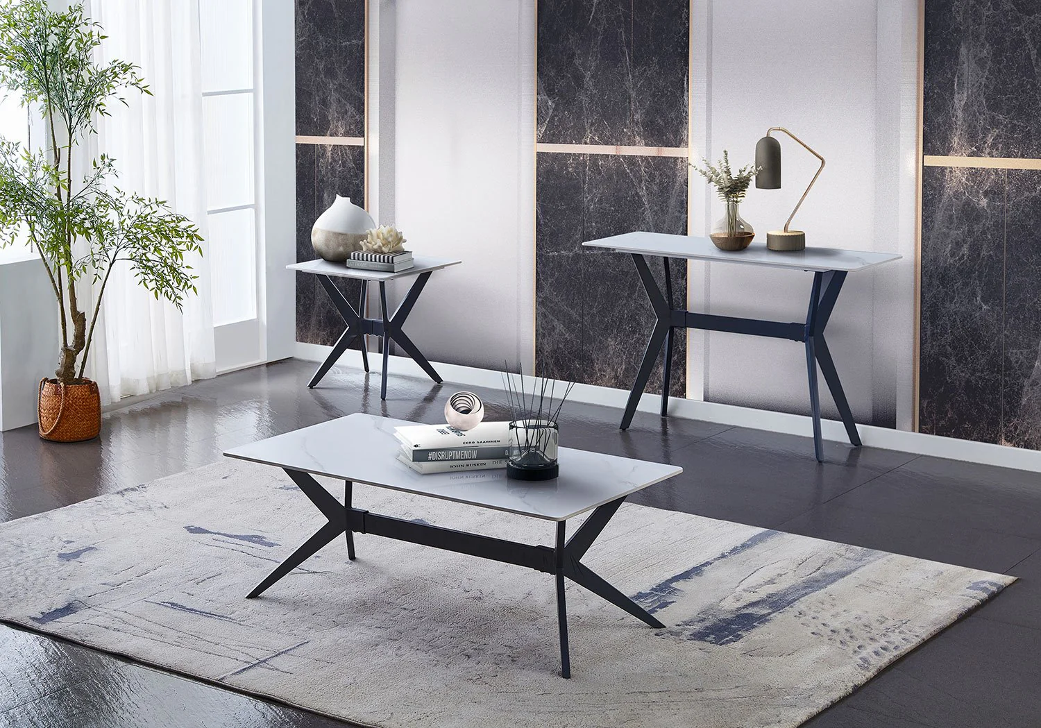 Kalani 47" Sofa Table - White Sintered Stone & Black Metal - Image 2