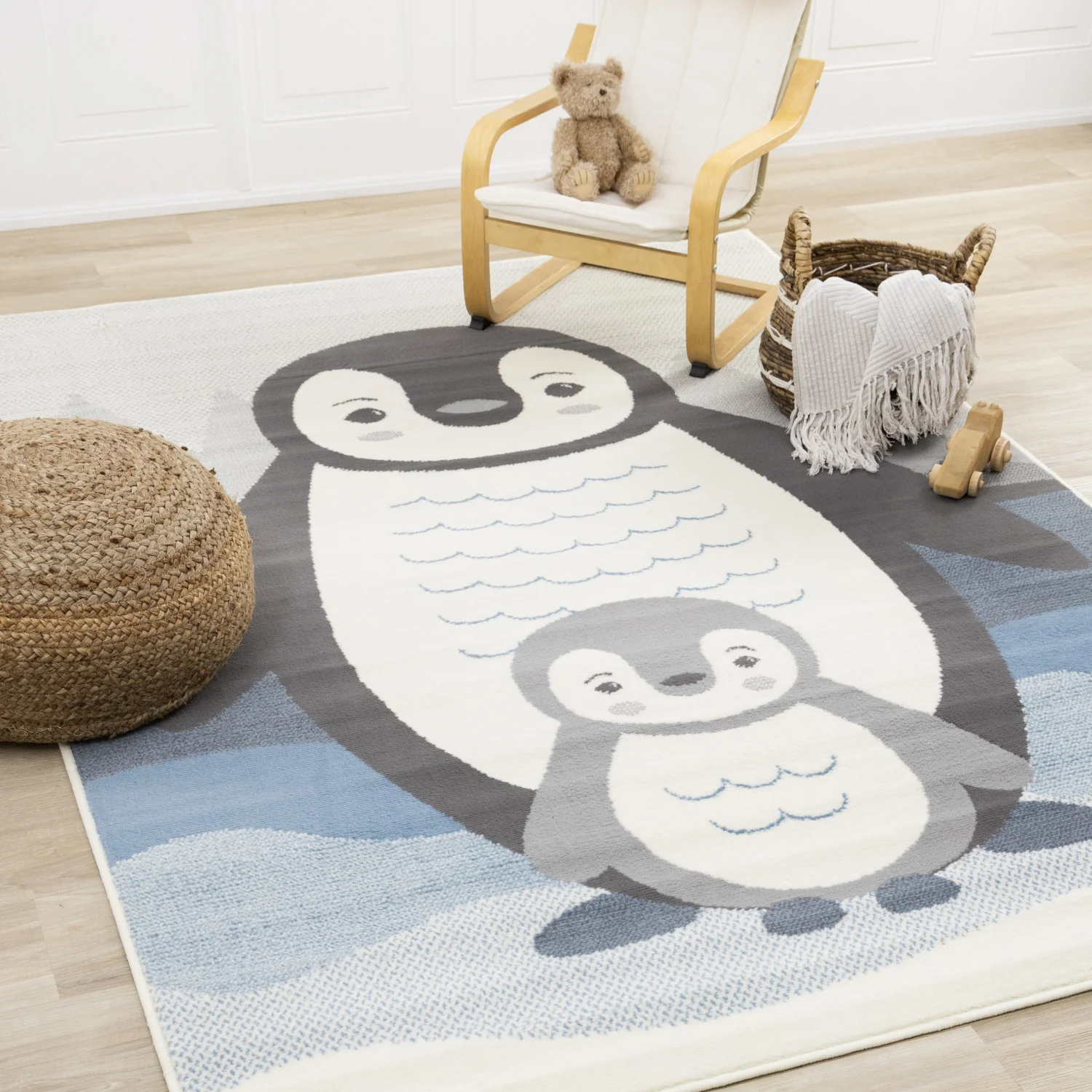 Kids Baby Penguin Area Rug - 5' X 8' - Grey/Blue - Image 2