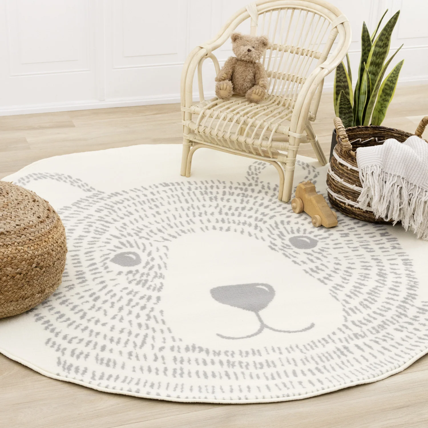 Kids Teddy Bear Area Rug - 5ft Round - Cream/Grey - Image 2