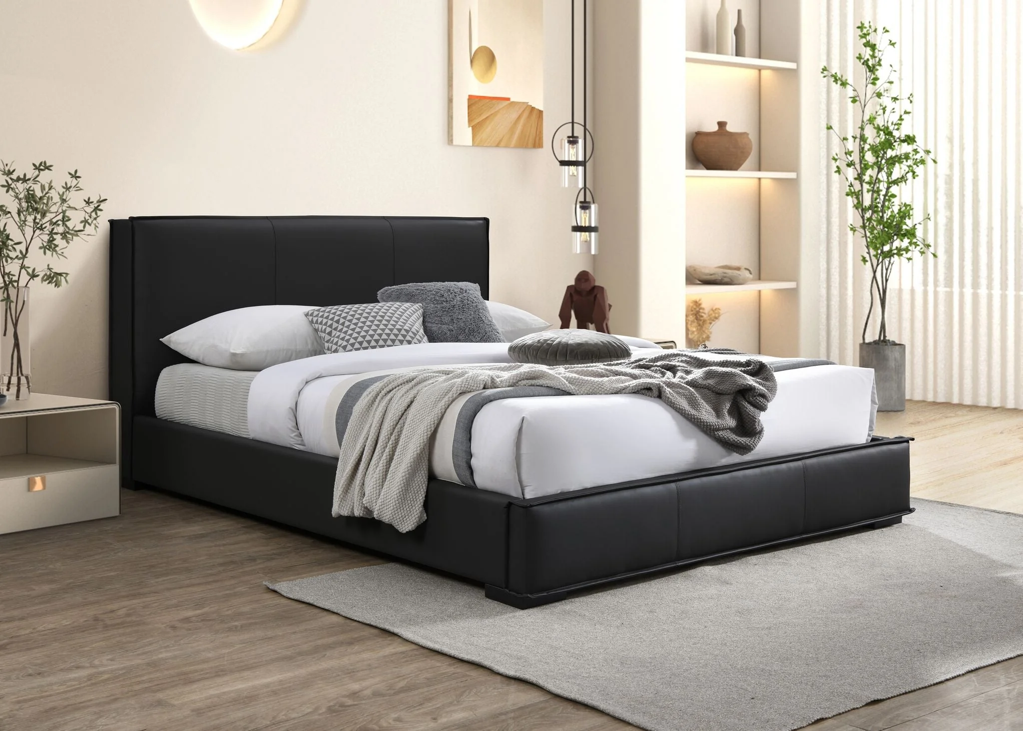 Lansing 3-Piece Queen Upholstered Platform Bed - Black - Image 2