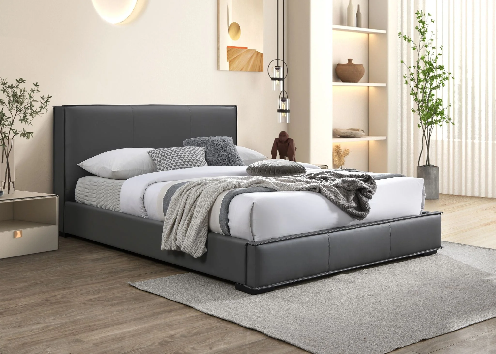 Lansing 3-Piece King Upholstered Platform Bed - Grey - Image 2