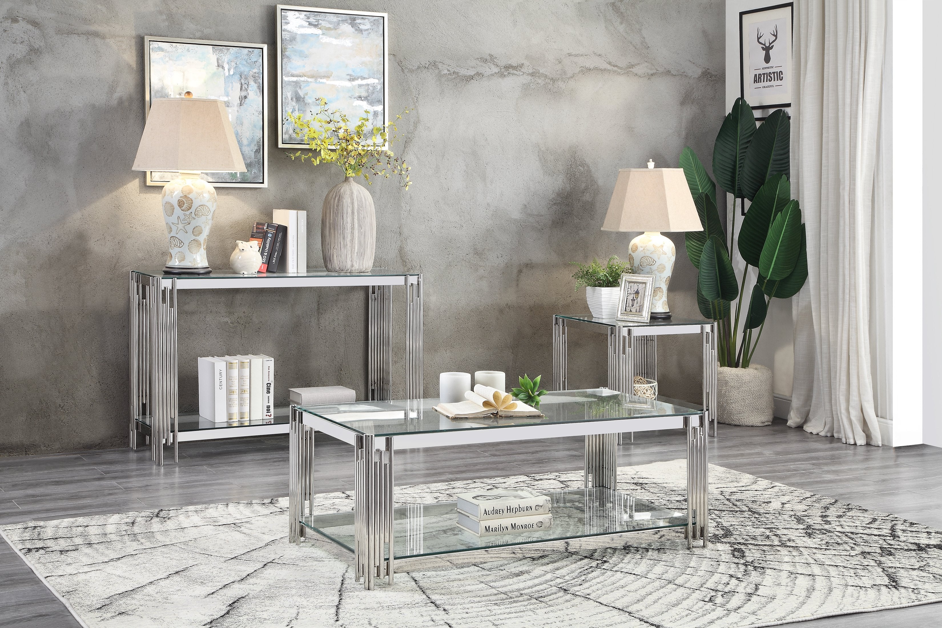 Liana 47" Sofa Table - Glass and Stainless Steel - Image 3