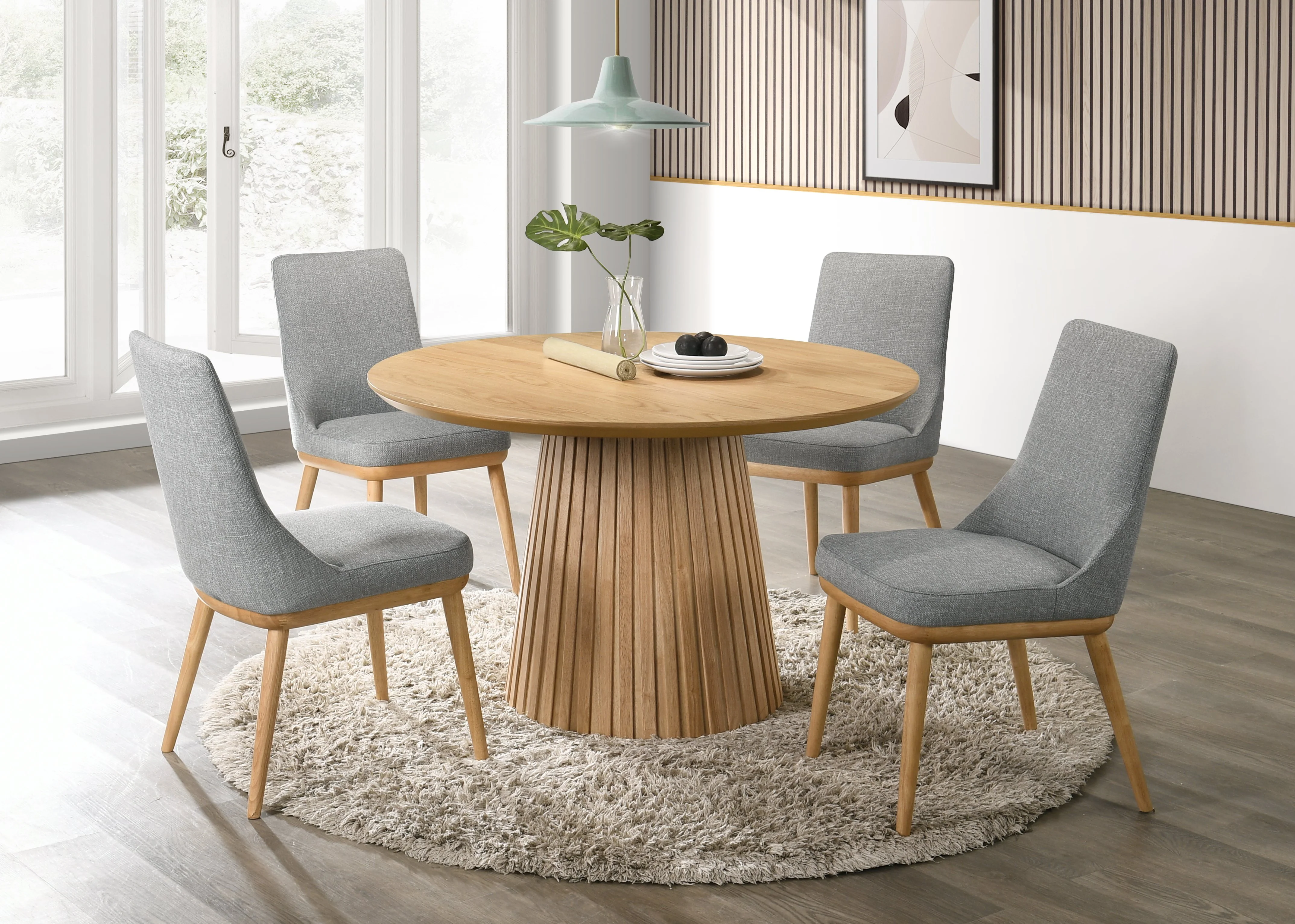 Mikael 5-Piece Round Dining Set - Grey, Light Oak - Image 2