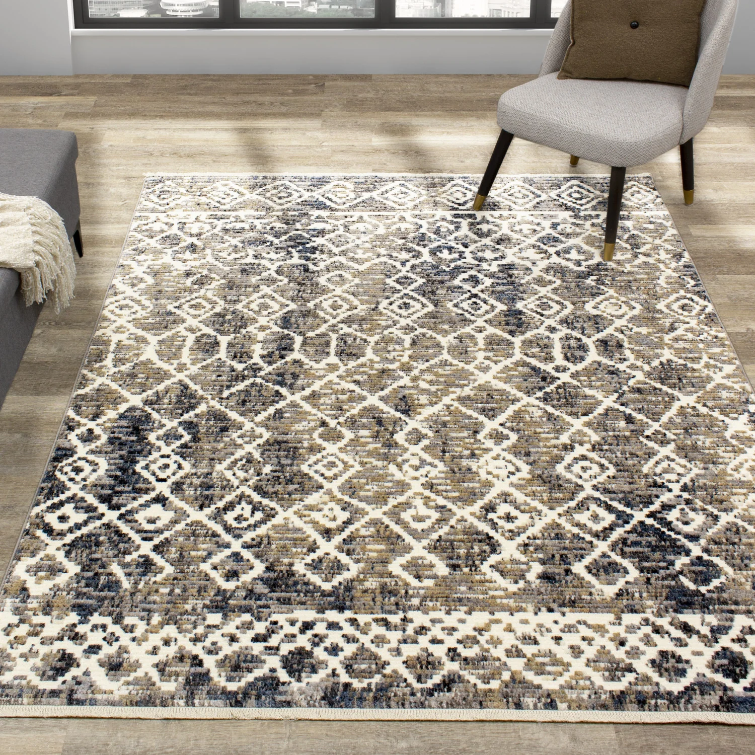 Natick 5'3" X 7'7" Tribal Rug - Beige Blue Area Rug - Image 2