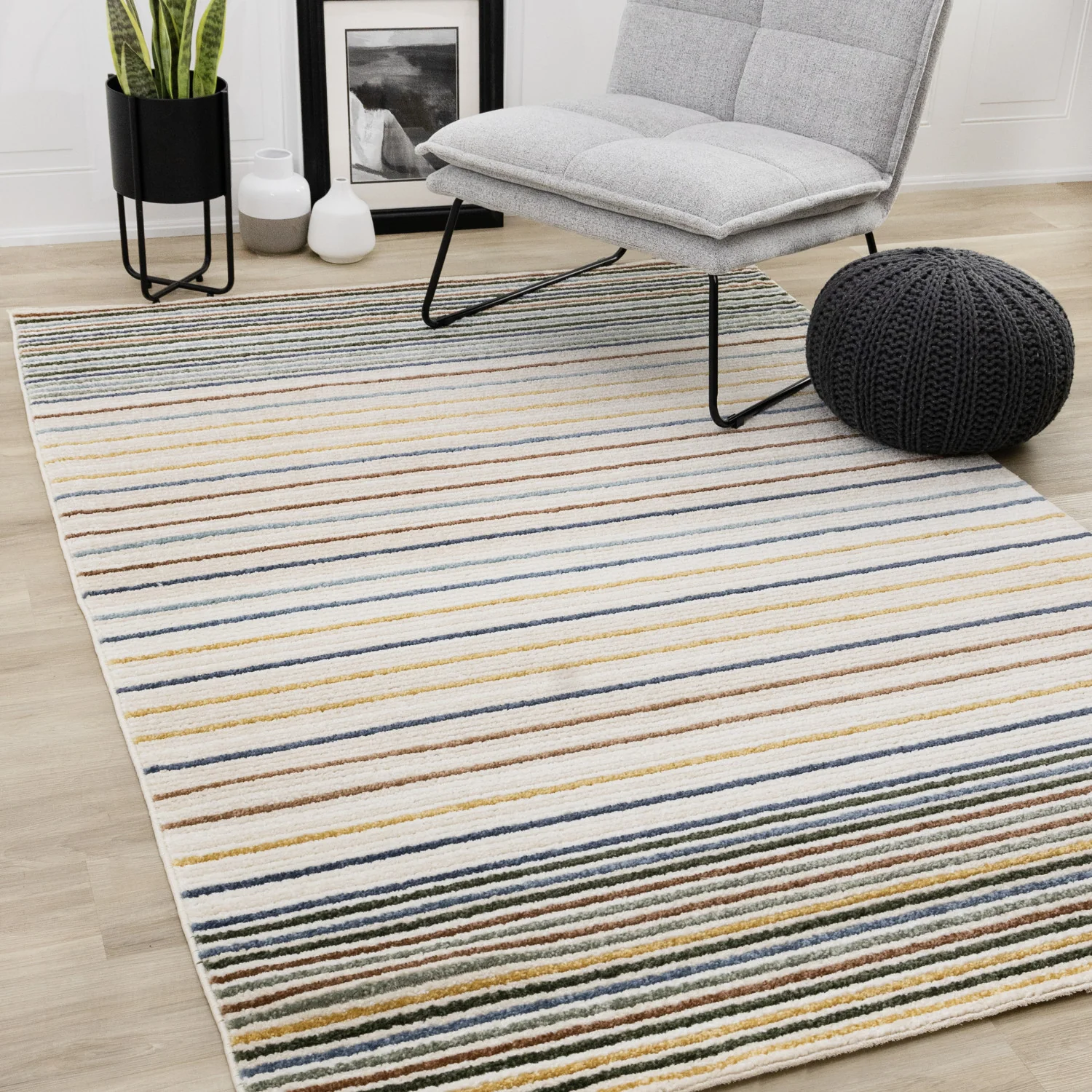 Nora Casual Contemporary Striped Area Rug - 8' X 11' - Cream/Blue/Yellow - Image 2