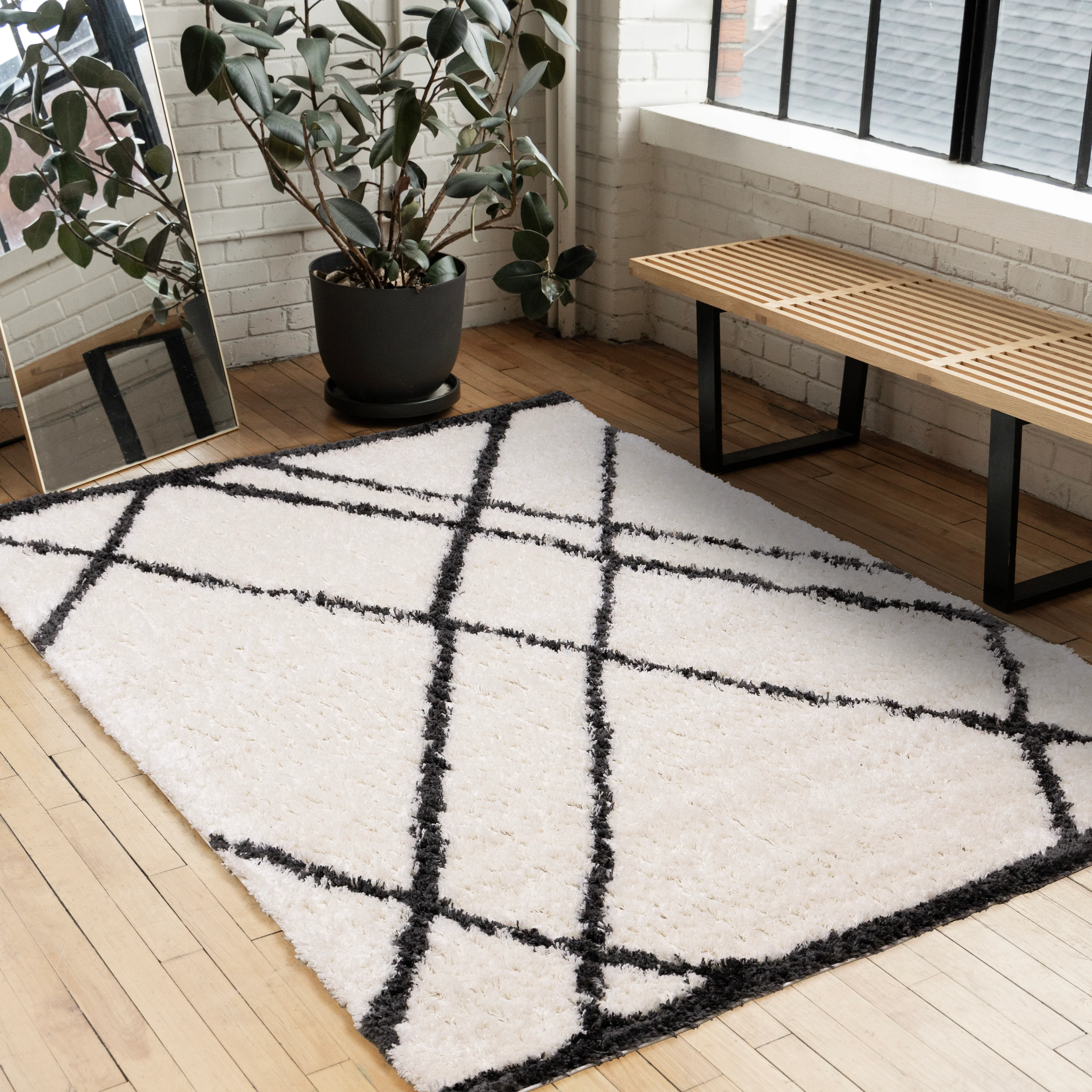 Pascal 5'3" x 7'7" Geometric Comfort Shag Area Rug - White, Grey - Image 2