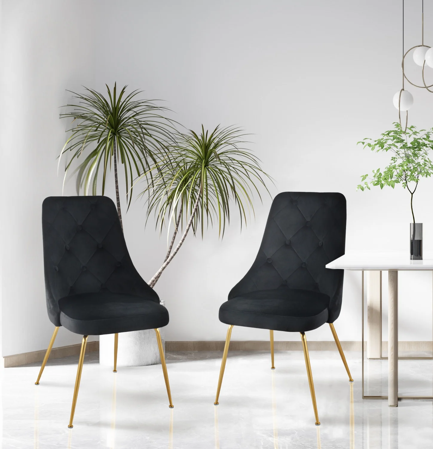 Peacock Velvet Dining Chair - Black/Gold - Set of Two - Image 2