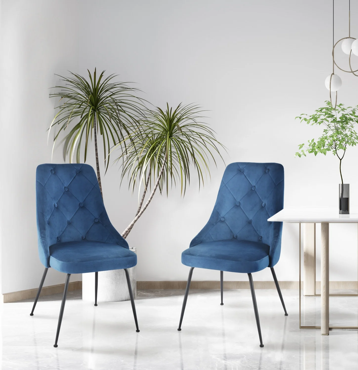 Peacock Velvet Dining Chair - Blue/Black - Set of Two - Image 2