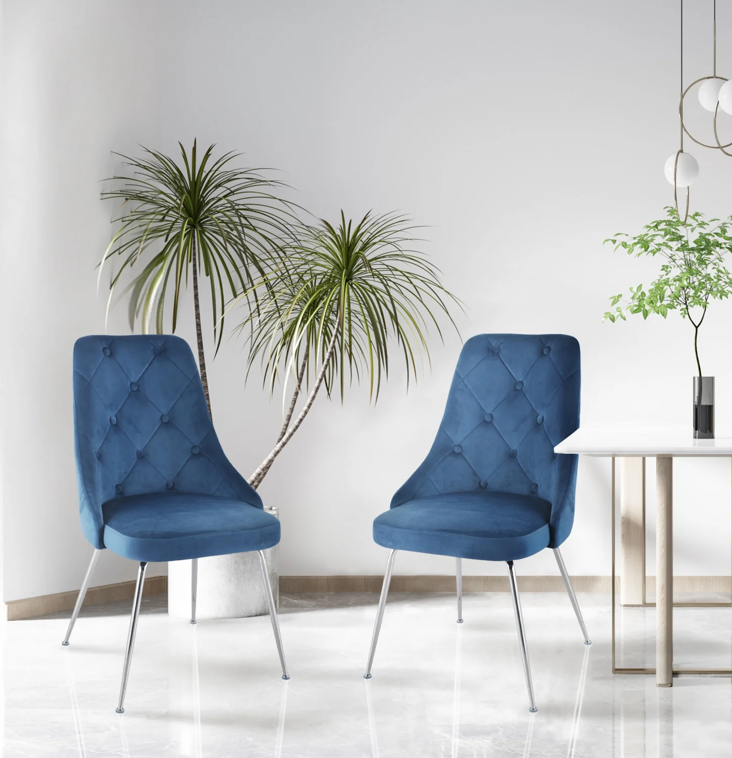 Peacock Velvet Dining Chair - Blue/Chrome - Set of Two - Image 2