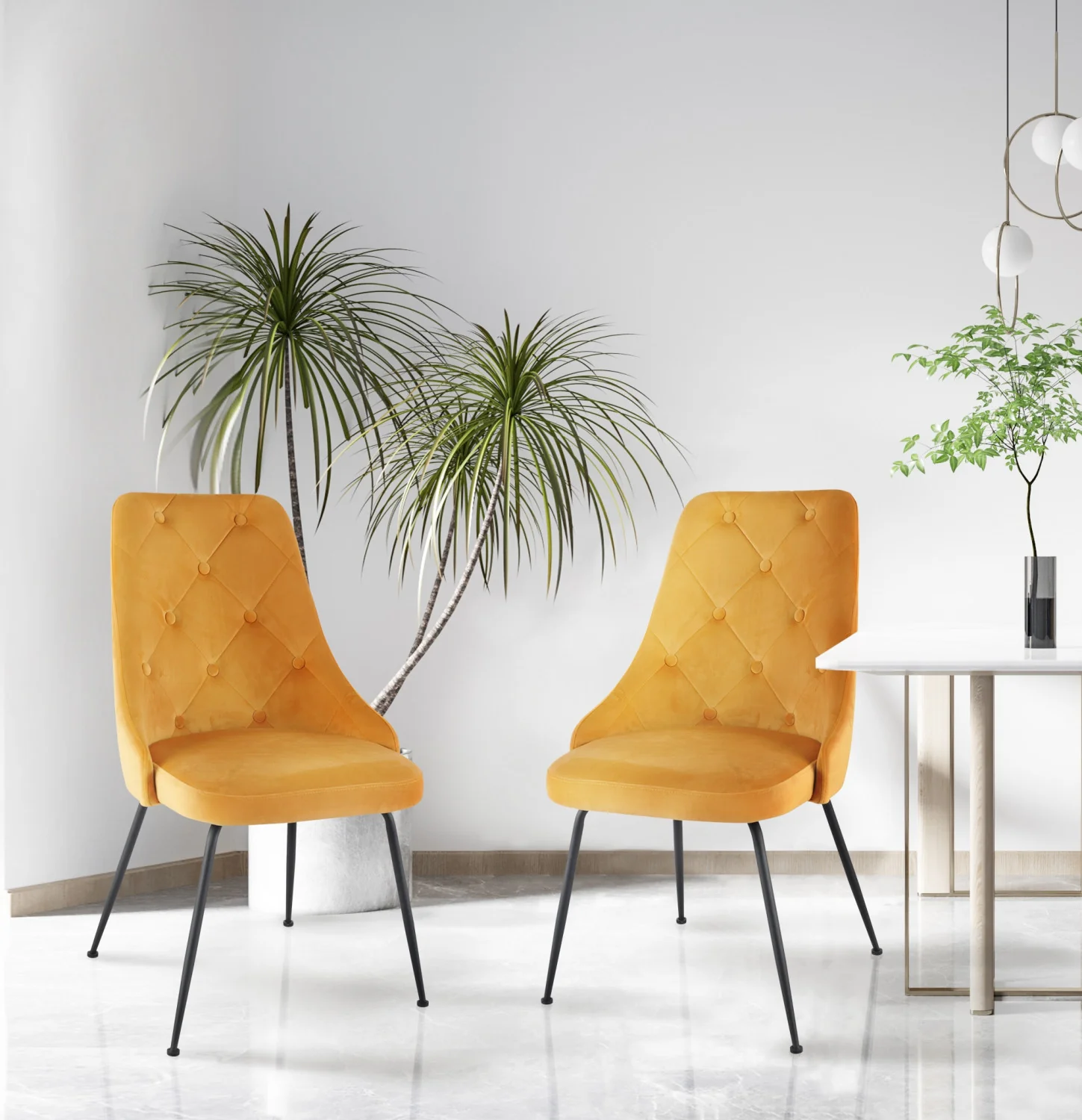 Peacock Velvet Dining Chair - Mustard Yellow/Black - Set of Two - Image 2