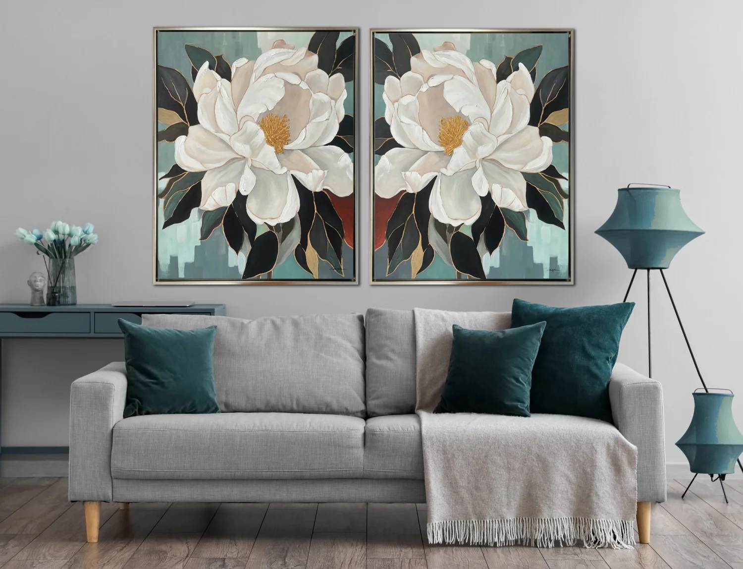 Petal Poise I Wall Art - White/Teal - 40 X 32 - Image 2