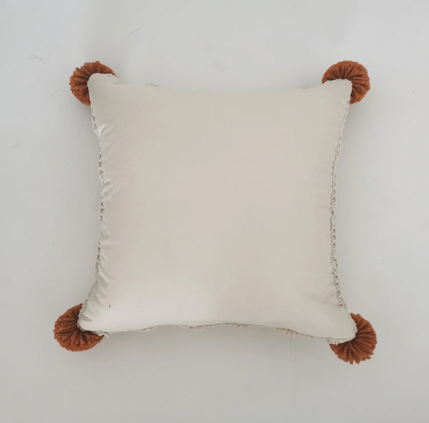 Rustic Charm 18 x 15" Cable Knit Decorative Cushion with Pom-Pom Accents - Beige, Rust - Image 2