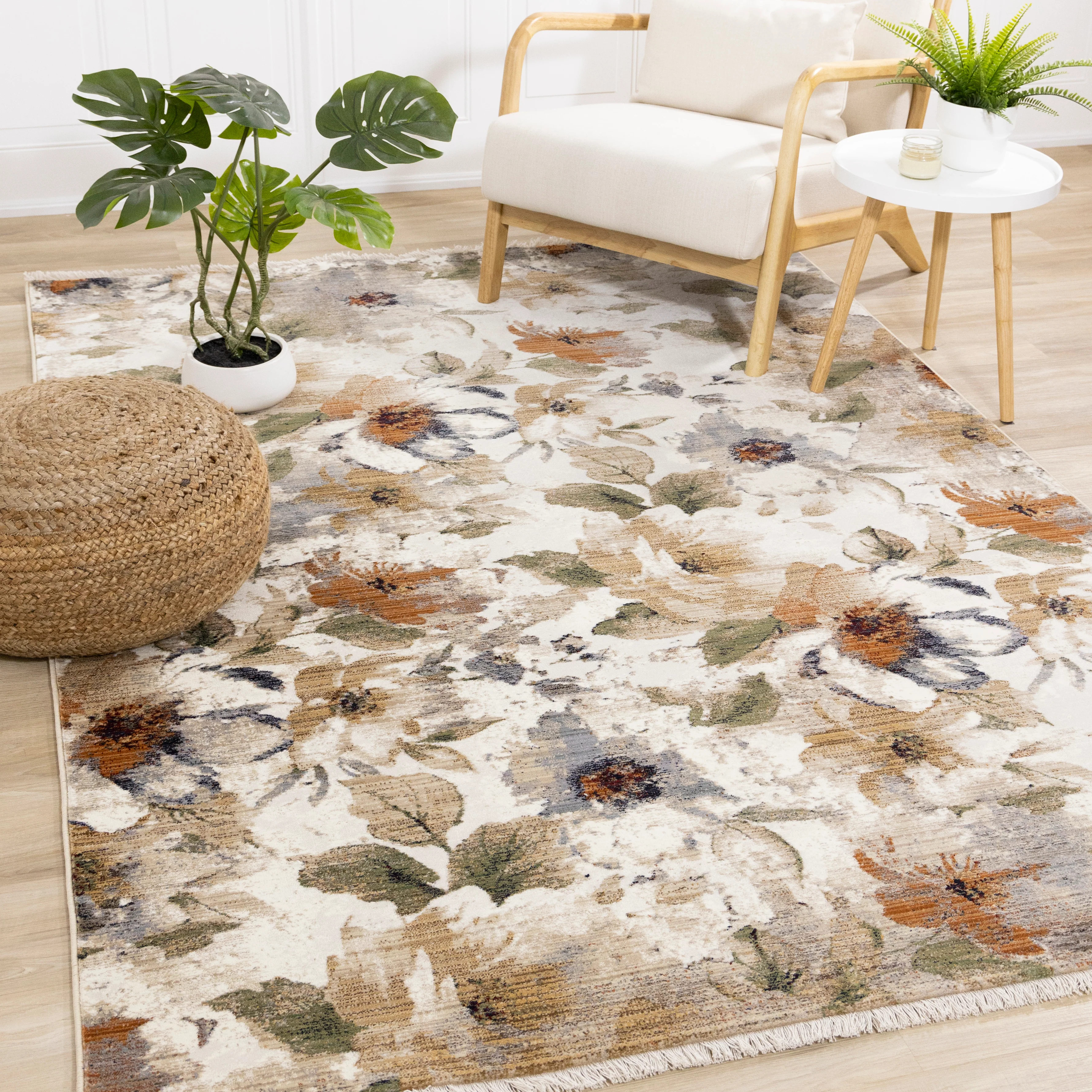 Rustic Garden 5'3" x 7'7" Warm Toned Floral Print Area Rug - Cream - Image 2
