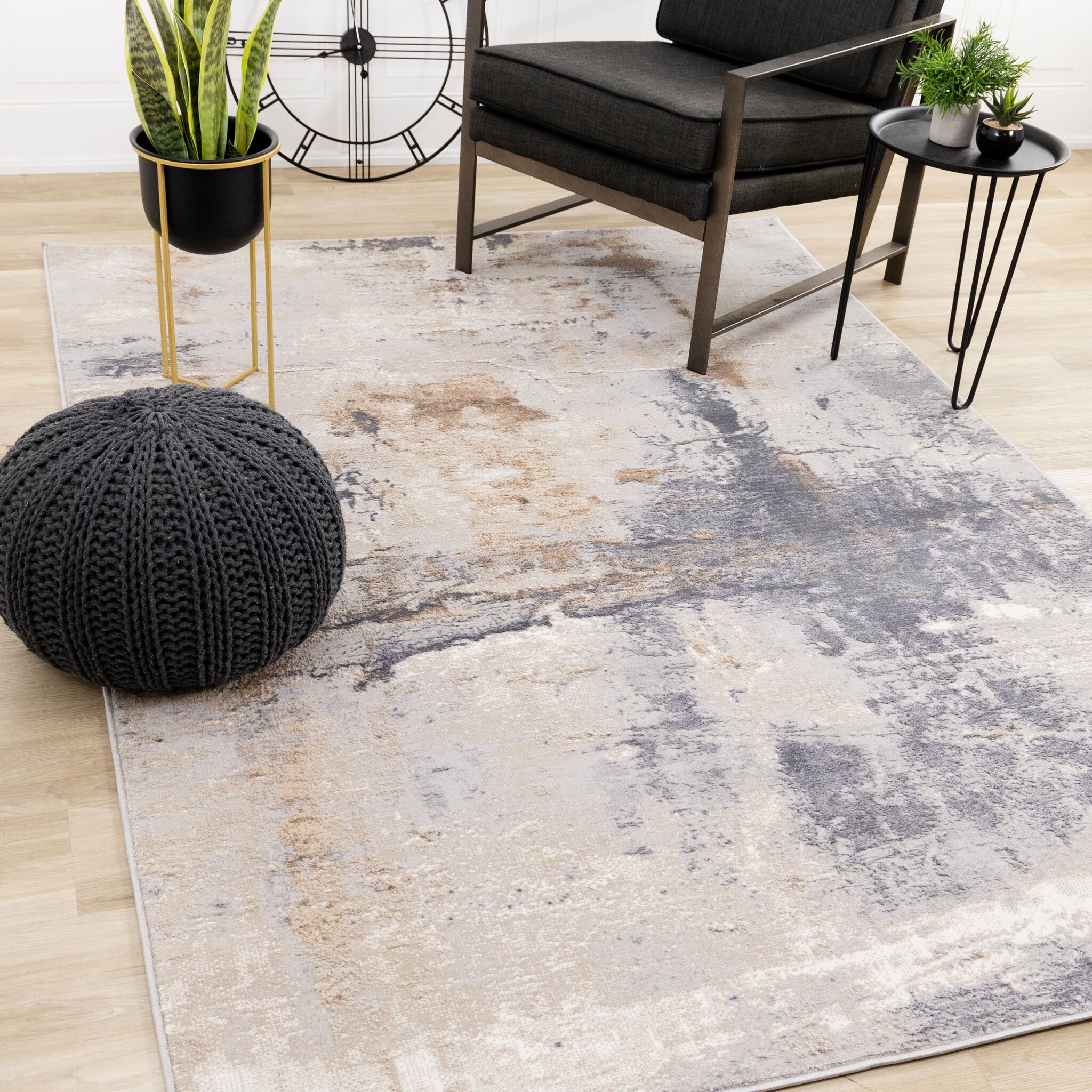 Smoky Terrain 6'7" x 9'6" Distressed Design Area Rug - Taupe, White, Brown - Image 2