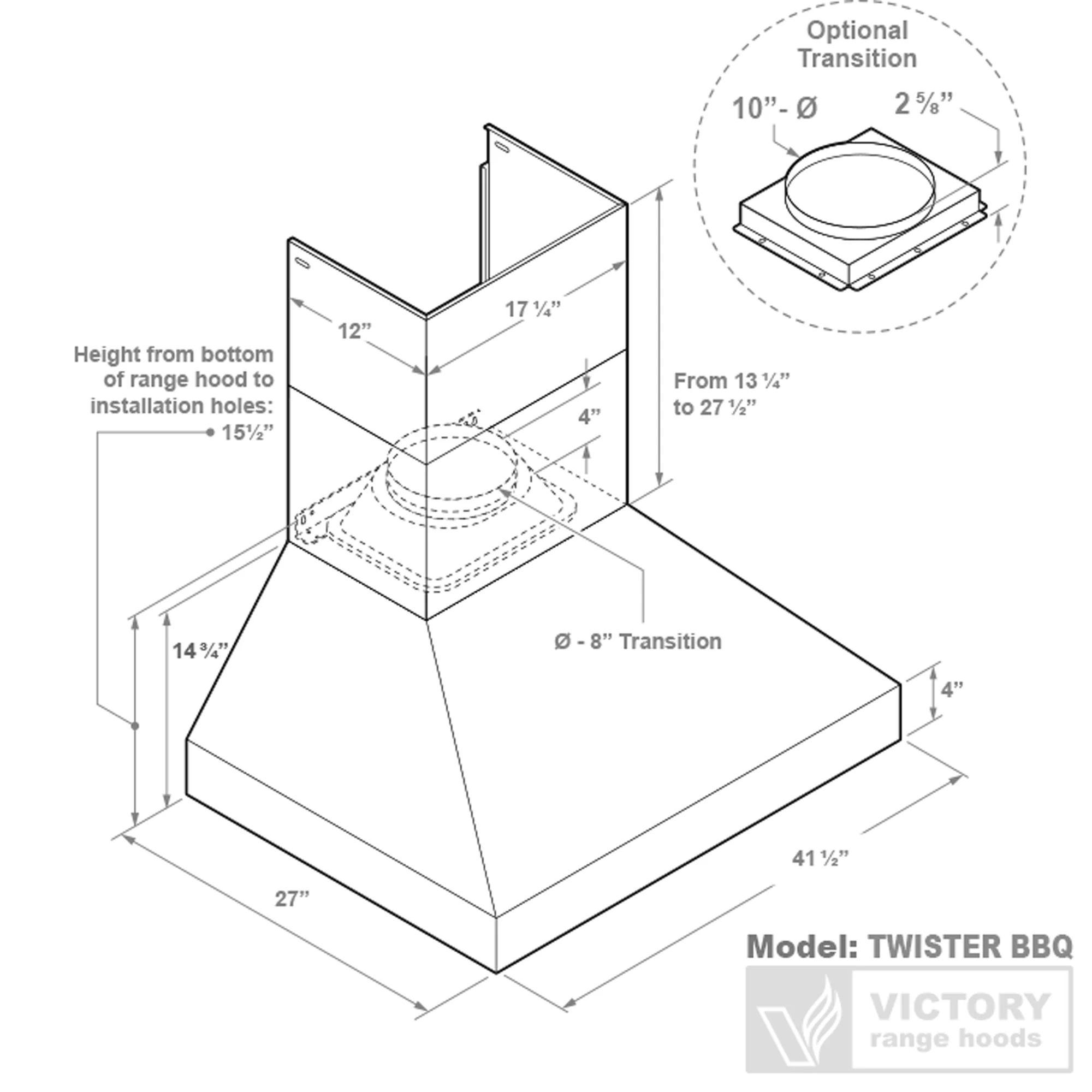 VICTORY Stainless Steel 42-Inch 1200 CFM Wall Mount Range Hood for Outdoor BBQ - Twister-BBQ-42 - Image 5