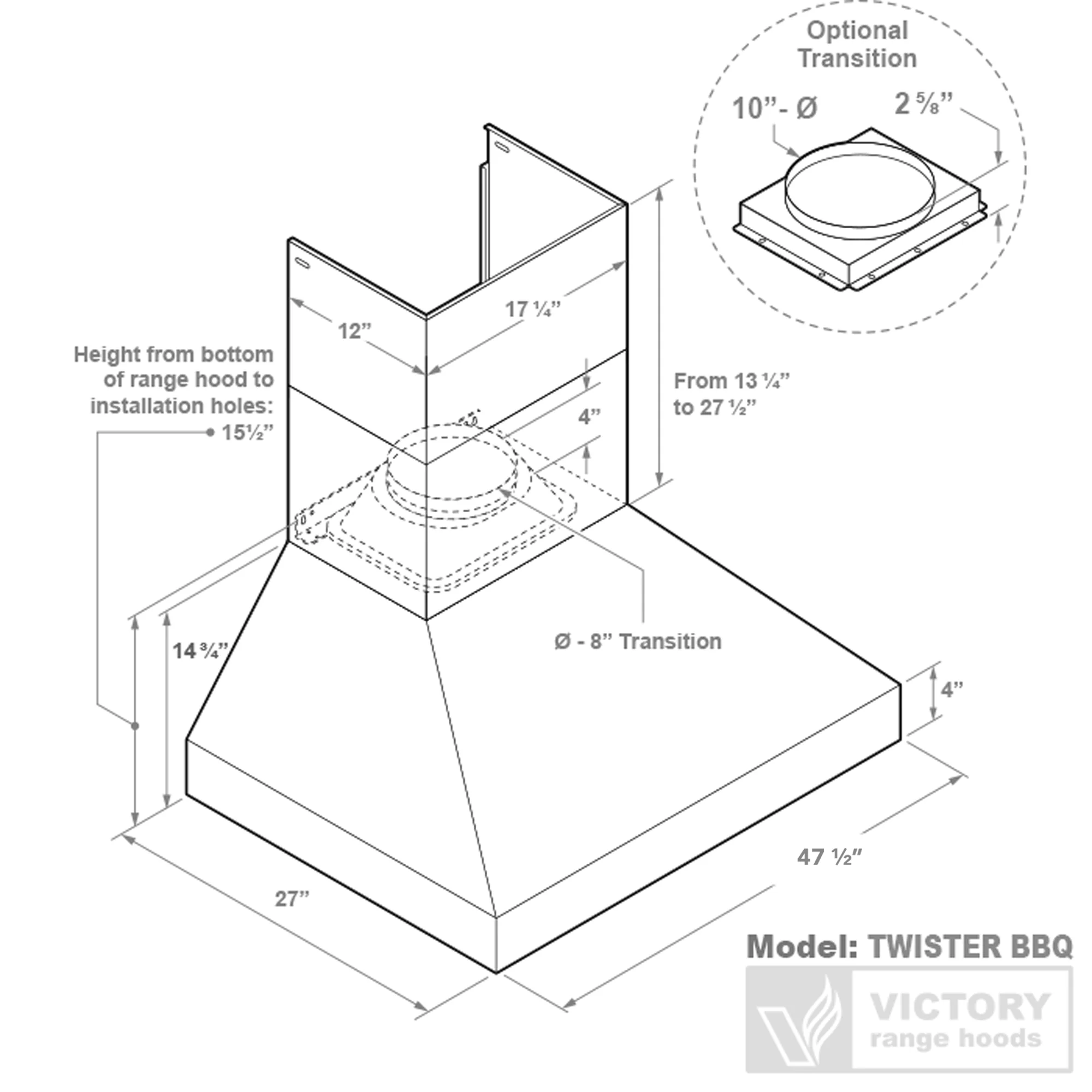 VICTORY Stainless Steel 48-Inch 1200 CFM Wall Mount Range Hood for Outdoor BBQ - Twister-BBQ-48 - Image 5