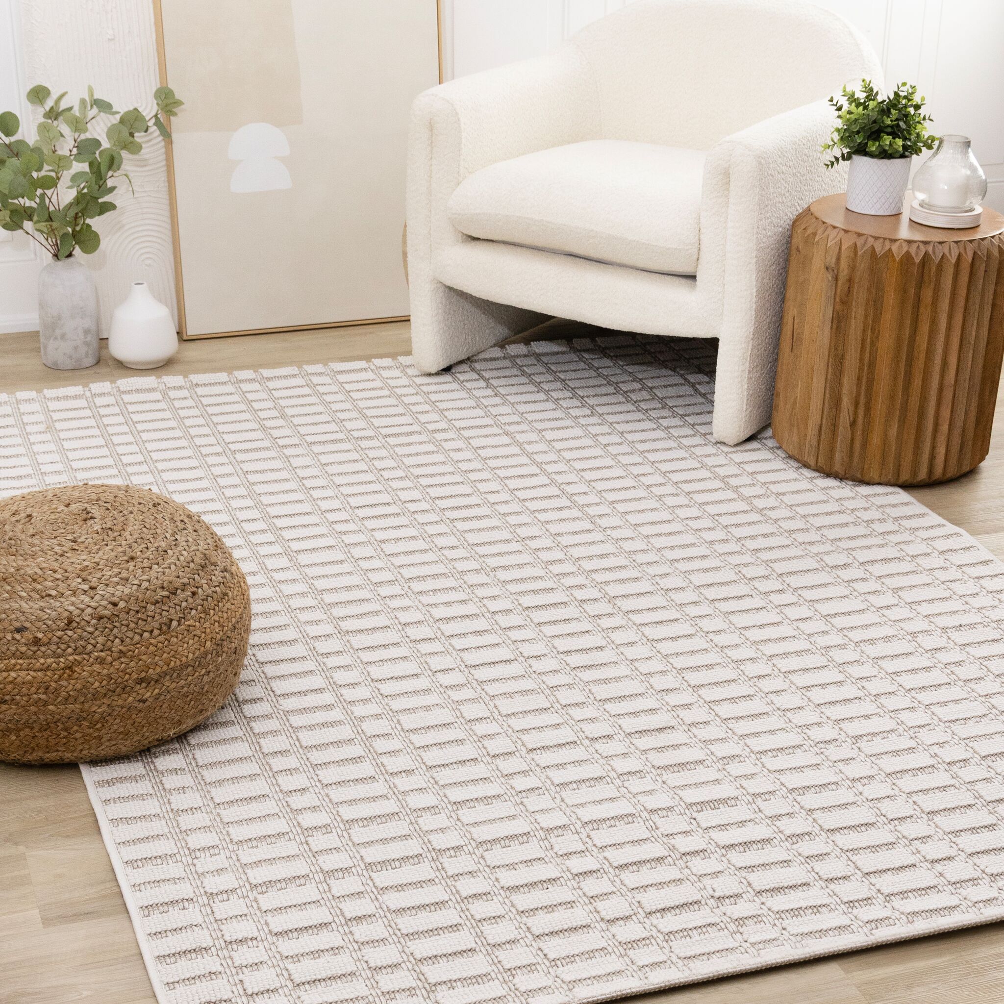 Woven Balance 6'7" x 9'6" Intricate Grid Design Area Rug - White, Taupe - Image 2